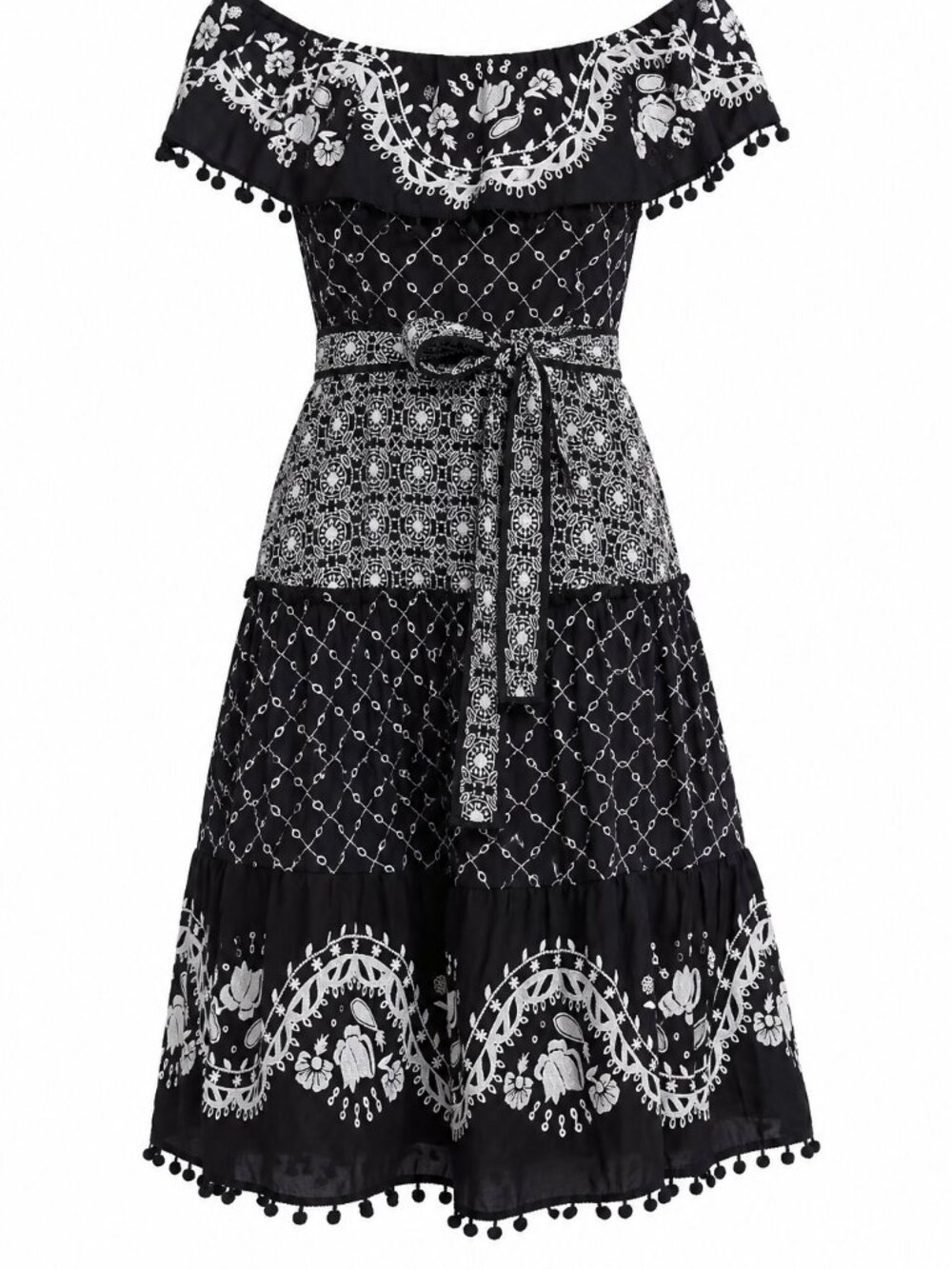Anthropologie Black and White Marisol Off-The-Shoulder Dress embroidered floral